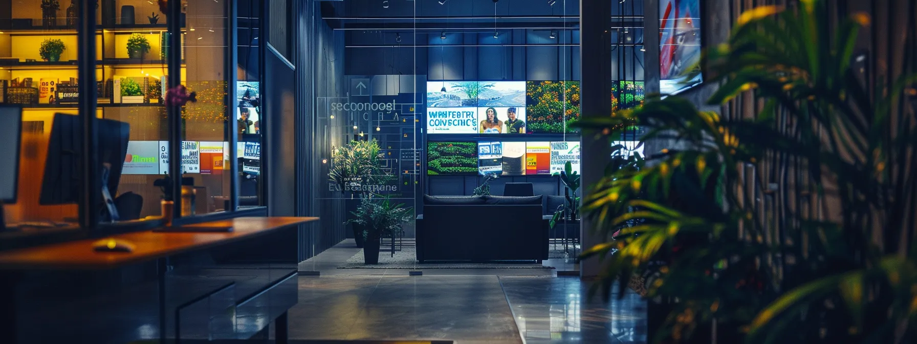 a modern real estate office bustling with energy, featuring a sleek digital display showcasing vibrant social media feeds and property listings, illuminated by dynamic led lighting, emphasizing the innovative integration of technology and marketing strategies.
