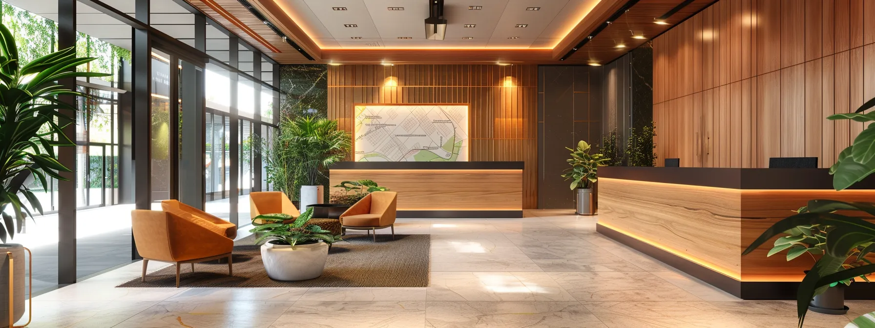 a modern, sleek office environment features a digital display showcasing dynamic property listings with vibrant interactive maps and virtual tours, drawing in prospective buyers with its engaging visual appeal.