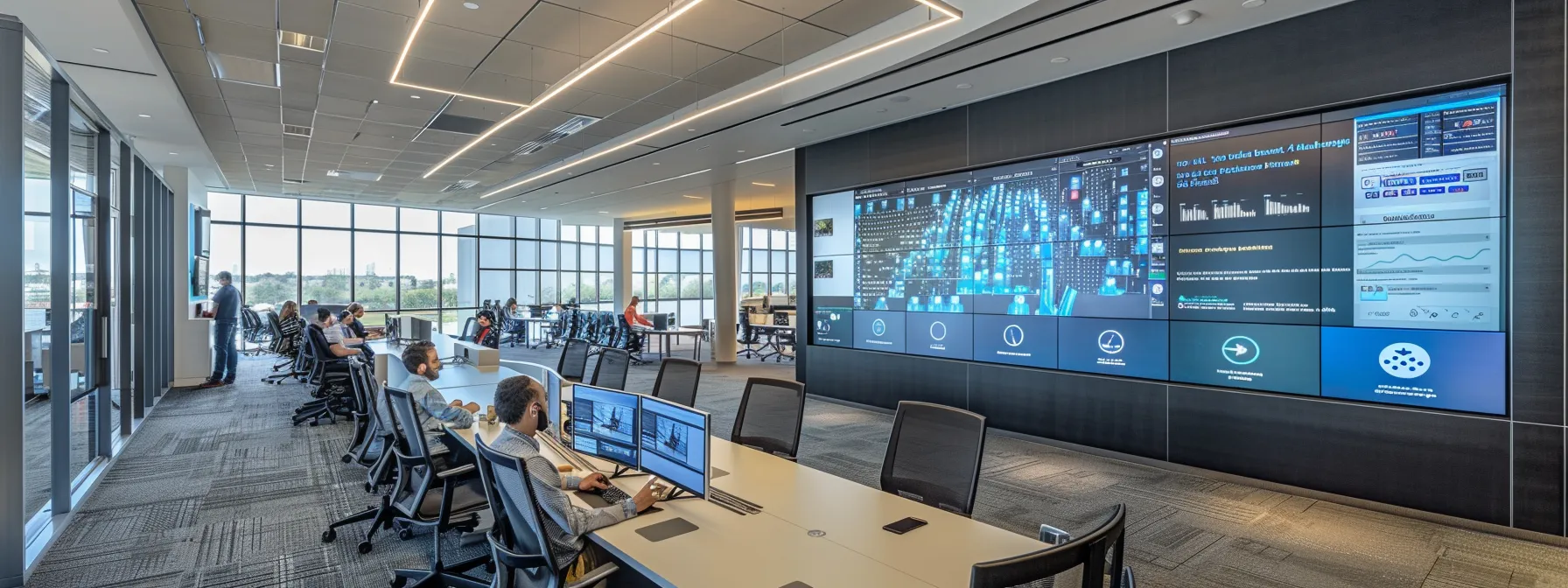 a modern, sleek office space featuring a large digital screen displaying vibrant social media analytics and real estate market data, with a professional engaged in an animated discussion about innovative lead generation strategies.