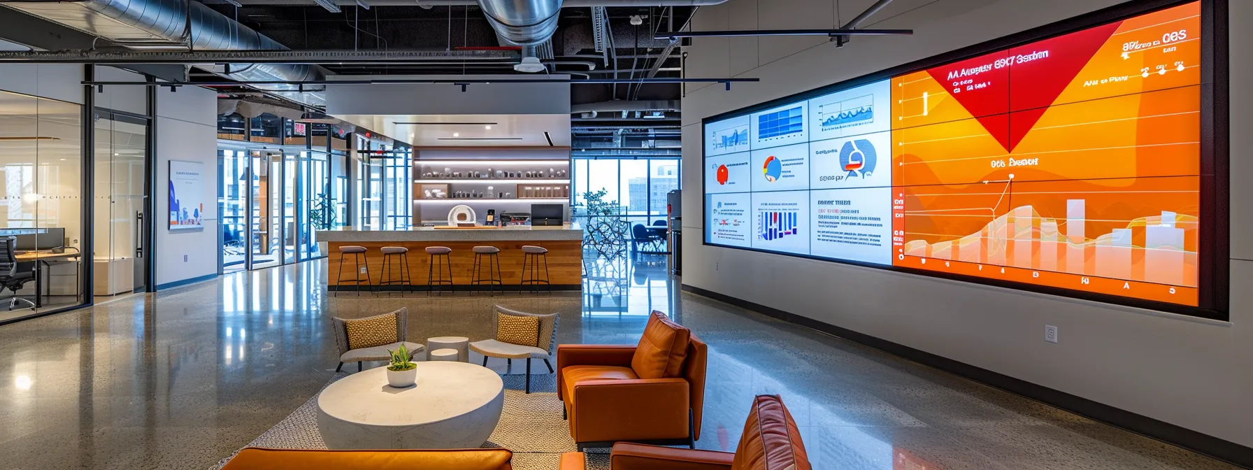 a modern, sleek office space showcases a large digital screen displaying an engaging sales funnel graphic, surrounded by analytical data and charts, emphasizing a powerful, self-sustaining lead generation system.