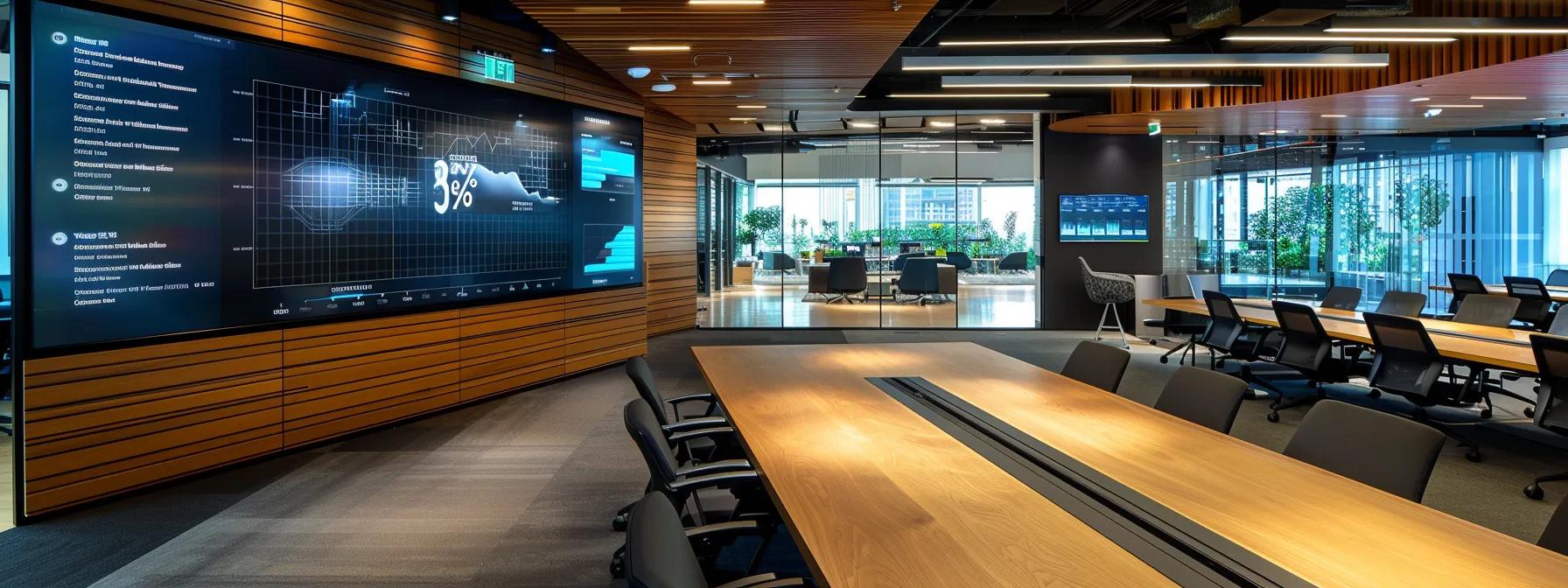 a modern, sleek office space with a large digital screen displaying real estate market trends and graphs, emphasizing the financial growth and stability achieved through the buy-and-hold investment strategy, illuminated by dynamic led lighting that reflects a high-tech, professional atmosphere.