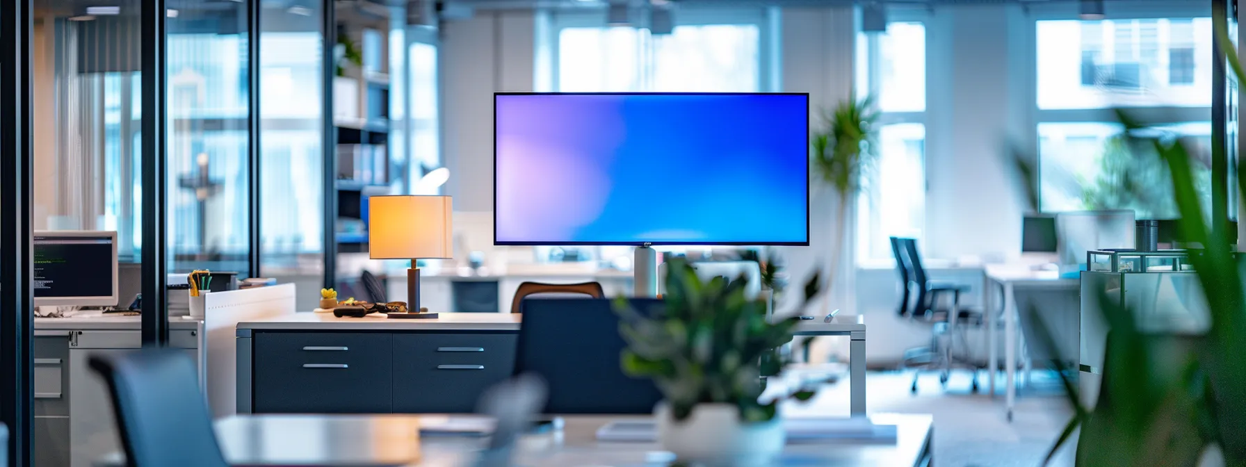 a modern, sleek real estate office interior showcases a vibrant digital welcome popup displayed on a large screen, emphasizing brand loyalty and technological engagement in a professional setting.