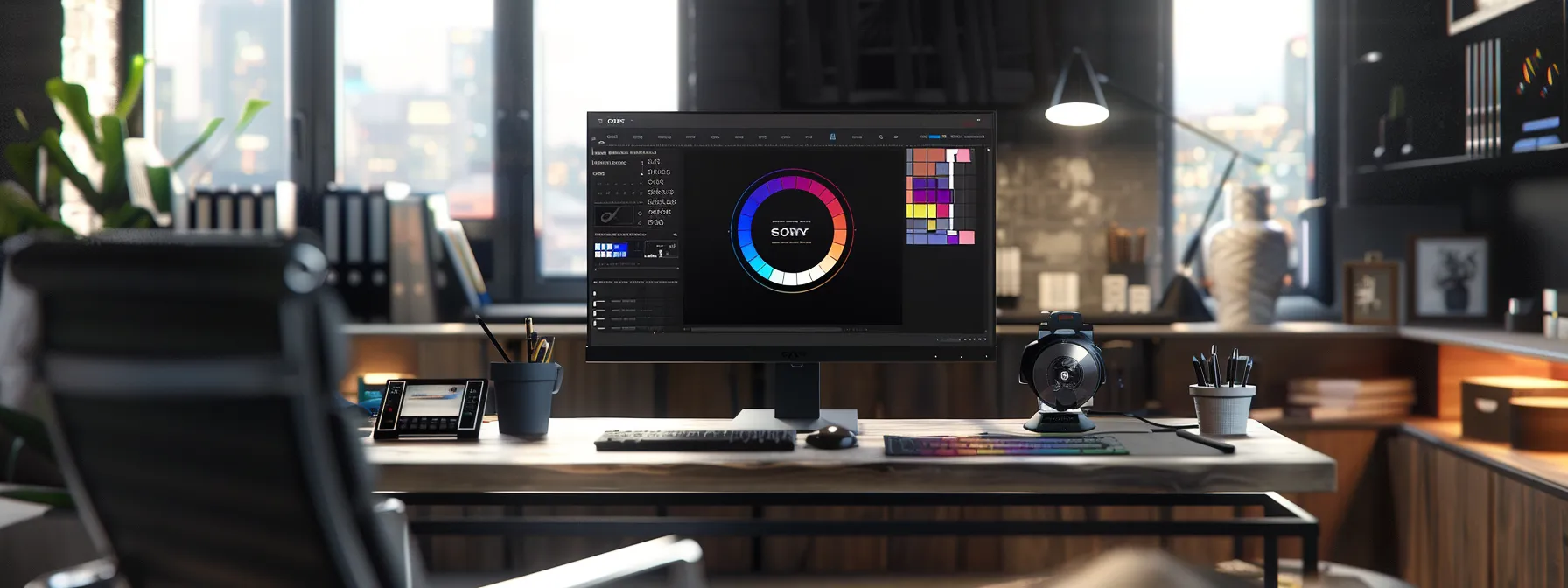 a modern, stylish office workspace showcases a sleek computer monitor displaying an eye-catching realtor logo design, surrounded by vibrant color swatches and typography samples, emphasizing creativity and professionalism in branding.