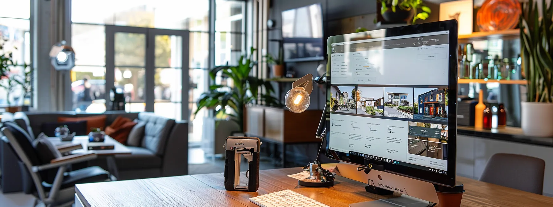 a polished office space features a sleek computer screen displaying a realtor's website, with prominently displayed privacy policy and terms pages, symbolizing the critical importance of consumer rights and legal compliance in the real estate industry.