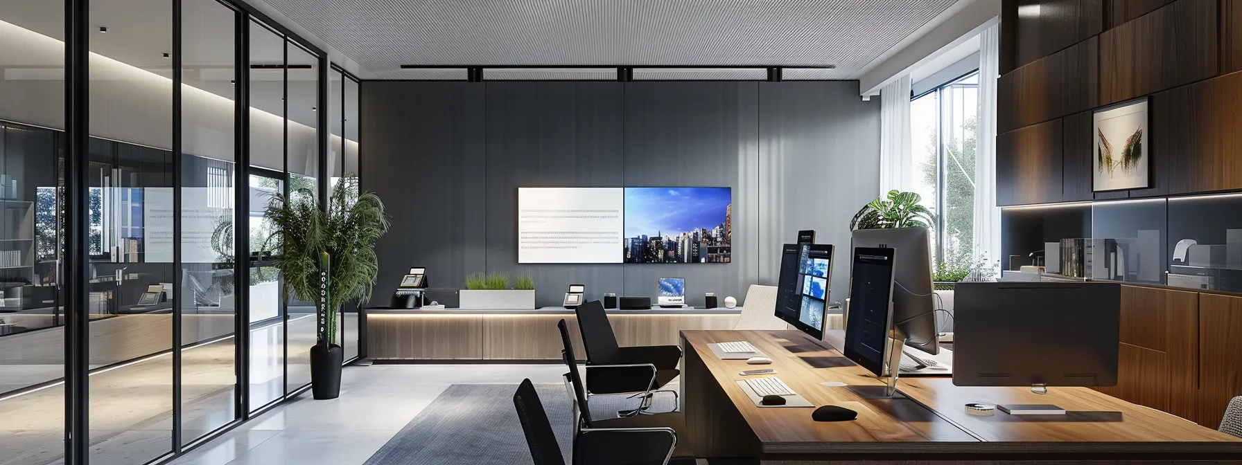 a sleek and modern office workspace showcases a minimalist web design concept on a large monitor, featuring a clean layout with balanced color schemes and an organized display of user navigation elements.