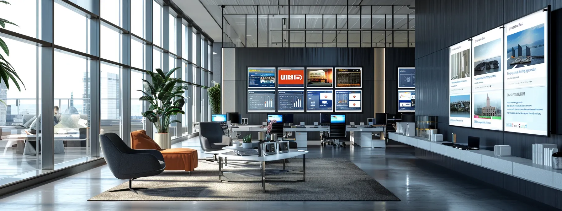 a sleek digital workspace showcases guy yarkoni analyzing vibrant website designs on a large monitor, with modern graphics highlighting property details and innovative marketing strategies, all set against a minimalist office backdrop that emphasizes professionalism and clarity.
