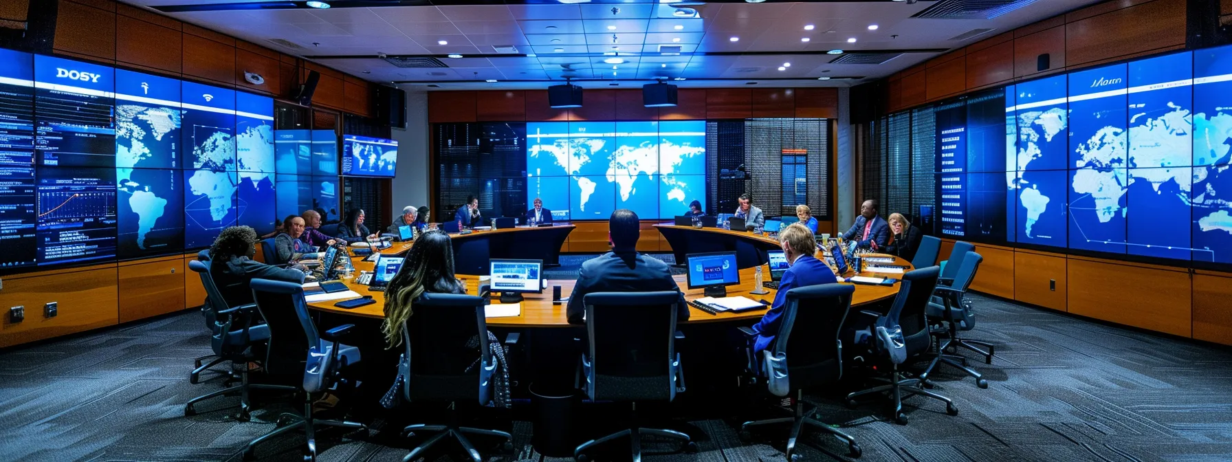 a sleek, modern office environment features a large conference table surrounded by professionals engaged in a dynamic discussion about realty website compliance, with digital displays showcasing key terms and conditions highlighted on vibrant screens.