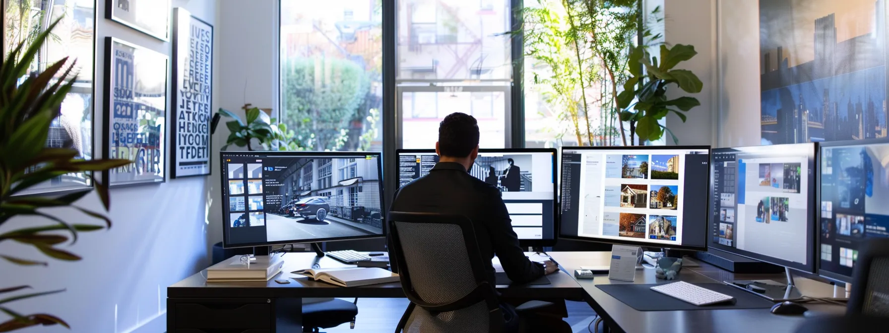 a sleek, modern office environment features a real estate professional surrounded by multiple screens displaying social media ads and online property listings, illustrating the vibrant and dynamic process of leveraging technology for lead generation.
