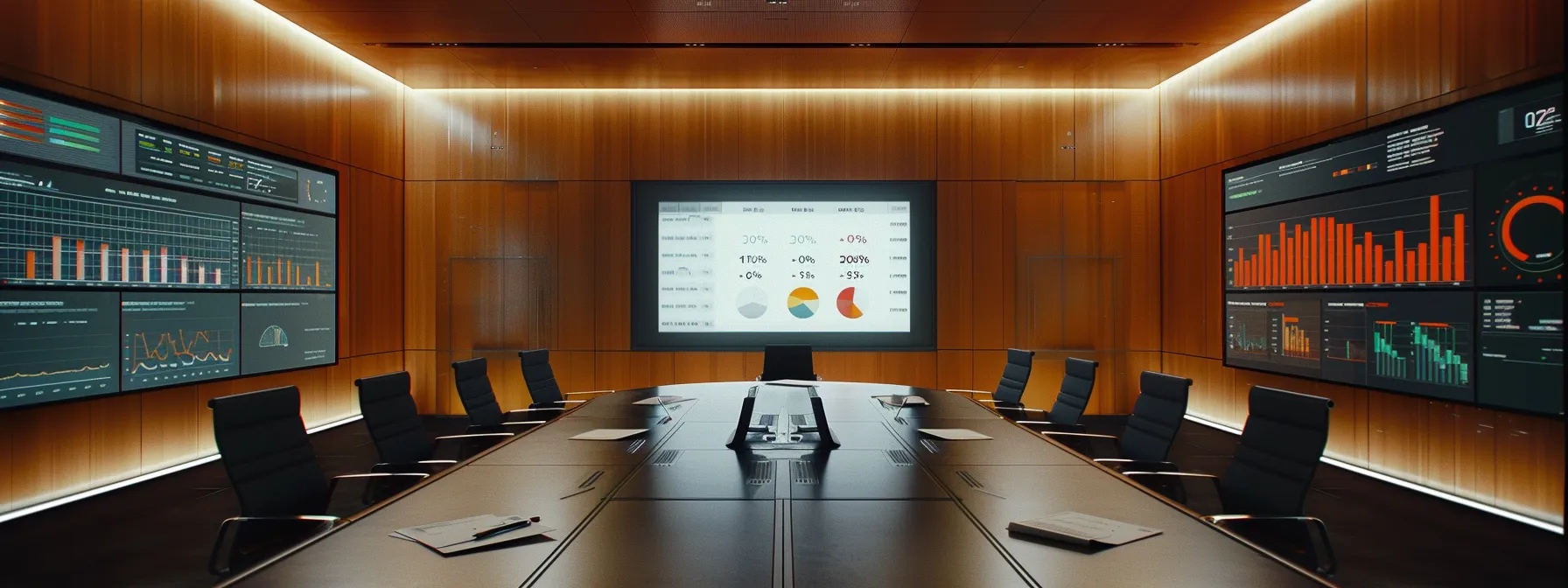 a sleek, modern office environment features analytics dashboards displayed on multiple screens, showcasing vibrant graphs and key metrics, as a focused team collaborates around a contemporary conference table, embodying the refinement of marketing strategies through welcome popup performance analysis.