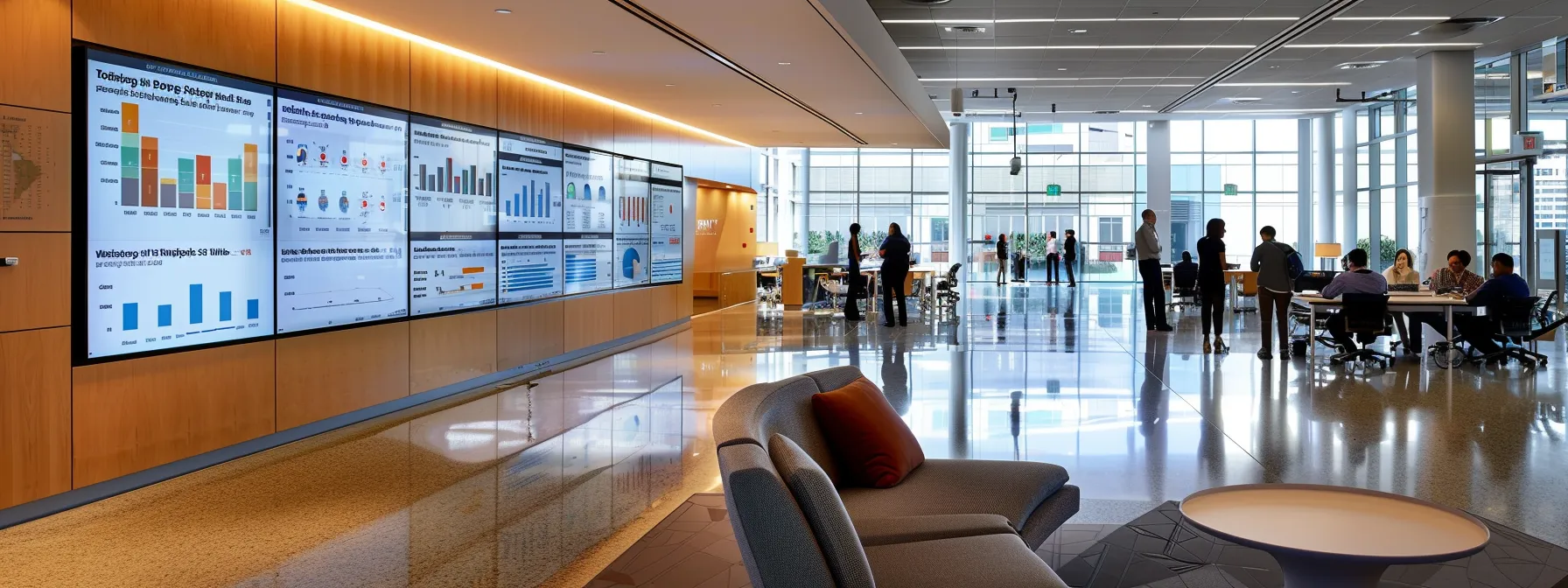 a sleek modern office environment focused on a large digital dashboard displaying analytics and metrics, highlighting key performance indicators for a real estate website, with professionals engaged in strategizing improvements.