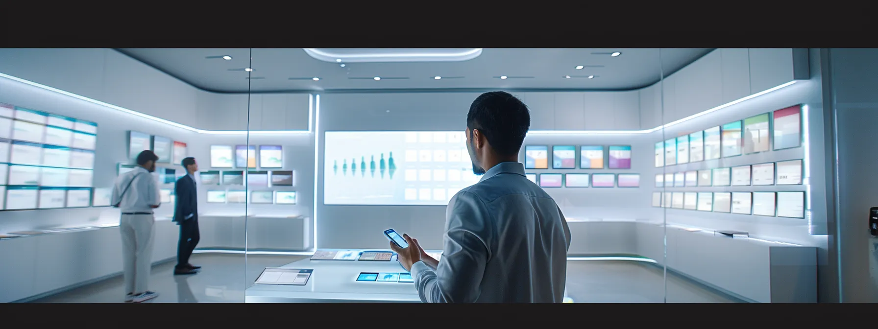 a sleek, modern office environment features a professional analyzing a smartphone displaying the constant contact interface, with a backdrop of vibrant digital marketing elements such as charts and graphs visible on a high-tech screen.