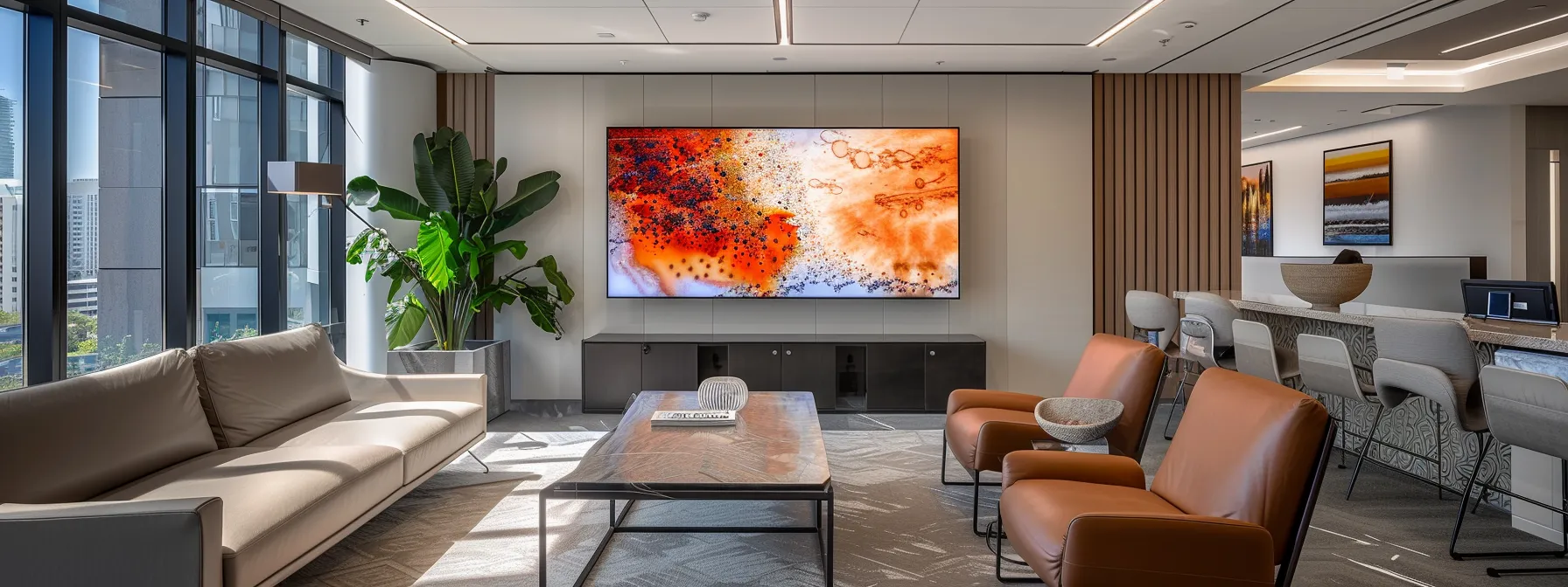a sleek, modern office environment showcases rachel bernhardt engaging clients in an immersive virtual property tour on a large, high-resolution screen, highlighting detailed images and interactive features that enhance real estate exploration.