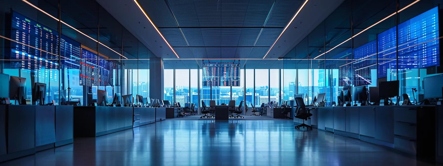 a sleek, modern office filled with digital screens displaying fluctuating real estate market trends and indicators, illuminated by dynamic led lighting that enhances the urgency of strategic property investment discussions.