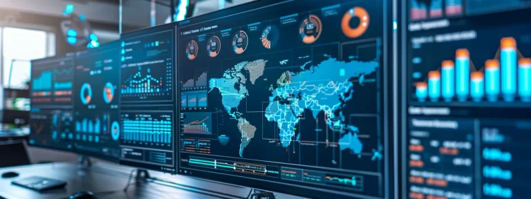a sleek, modern office filled with high-tech devices displays a large digital dashboard showcasing real-time analytics and data visualization for real estate investors.