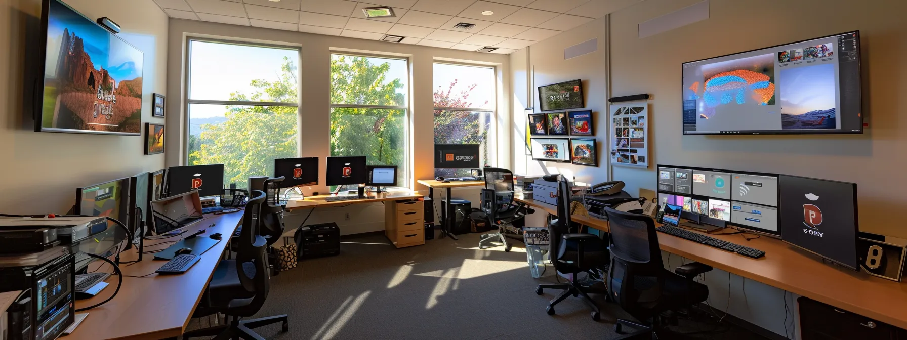 a sleek, modern office interior showcases a creative workspace filled with vibrant graphic design tools and digital screens, epitomizing innovation in realtor logo design and branding.