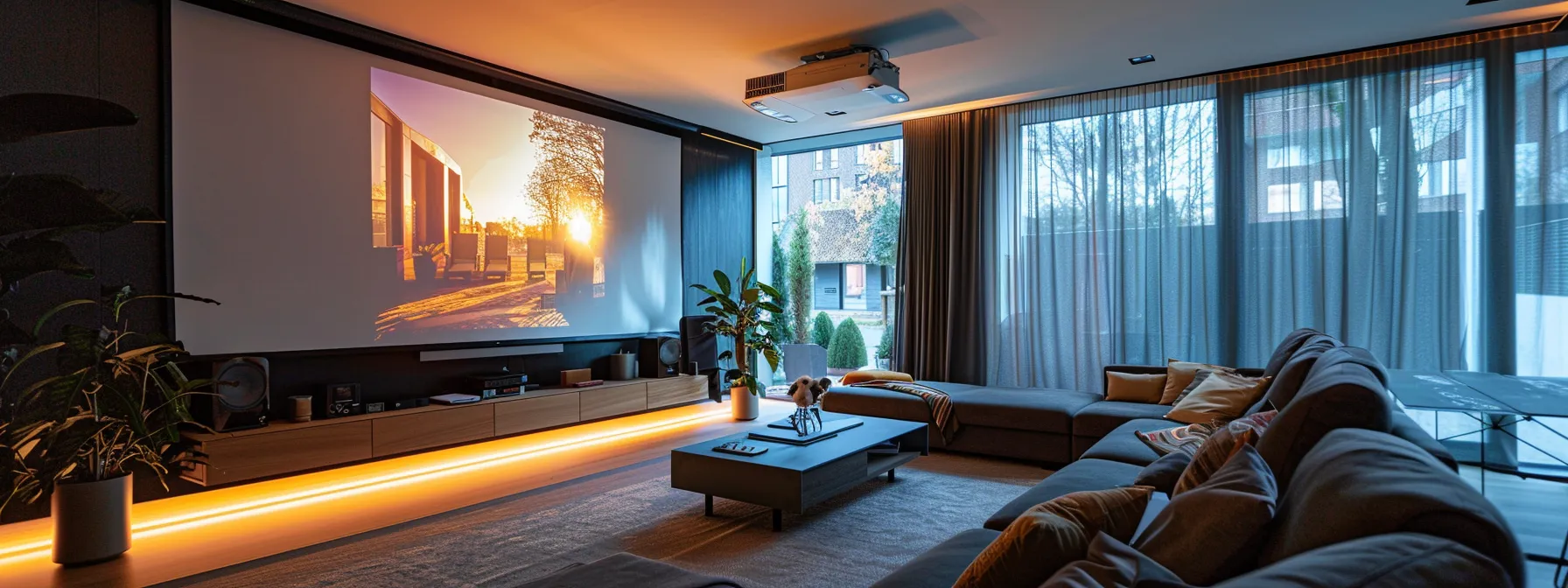 a sleek, modern office setup features a large screen displaying an engaging video presentation of luxurious interior designs, with animated transitions highlighting key property features and client testimonials projected in a stylish, professional ambiance.