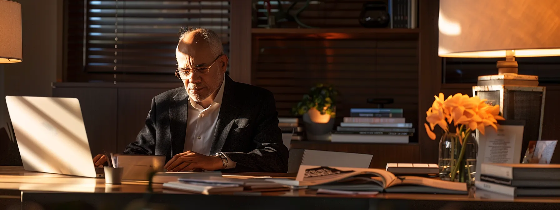 a sleek, modern office space showcases a focused real estate professional reviewing david coffey's insightful blog on a laptop, illuminated by soft, ambient lighting, with printed articles and notes strategically arranged around a polished desk.