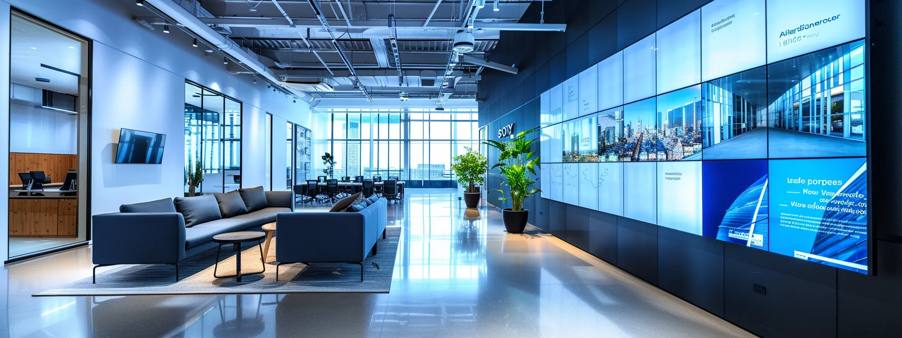 a sleek, modern office space showcases a large digital display featuring a sophisticated property search interface with vibrant filters, location maps, and comparison tools, emphasizing a dynamic and user-friendly experience.