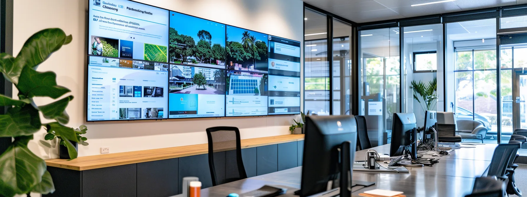 a sleek, modern office space featuring a large screen displaying vibrant regional property listings, with an elegant desk setup that highlights digital marketing strategies and regional insights, all under focused, contemporary lighting.