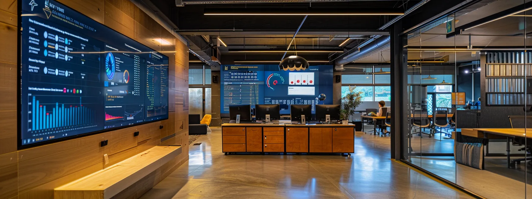a sleek, modern office space showcases a large computer screen displaying moosend’s intuitive interface, with vibrant graphs and data visualizations illustrating its email automation features.