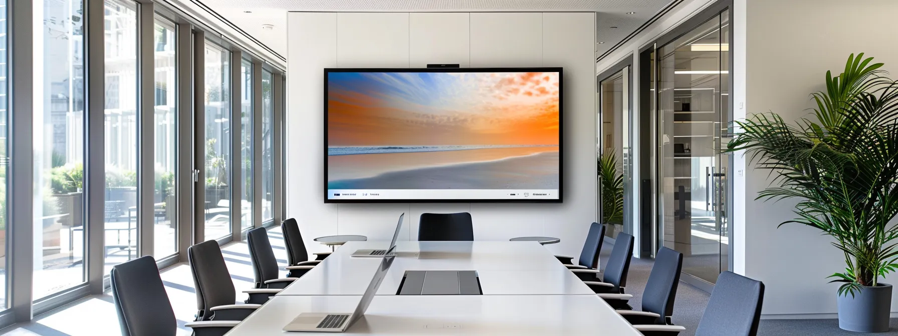 a sleek, modern office space showcases a large digital screen displaying anthony west's sophisticated, minimalist website design on a mobile device, illustrating seamless mobile responsiveness tailored for real estate investors.