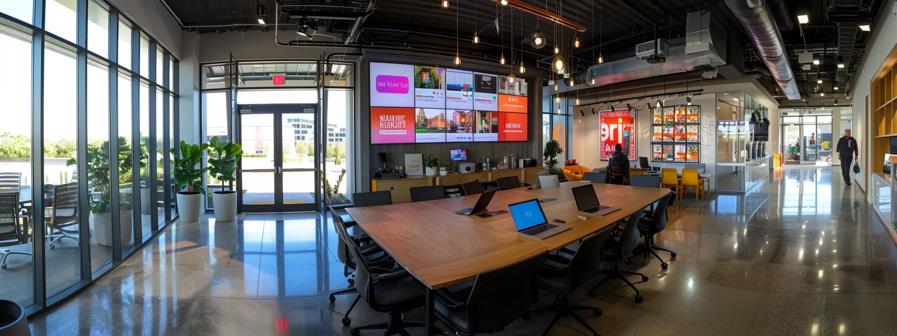 a sleek, modern office space showcases a large digital screen displaying vibrant property listings, while a stylish conference table is surrounded by high-end laptops and visual marketing materials, highlighting a dynamic real estate content strategy in action.