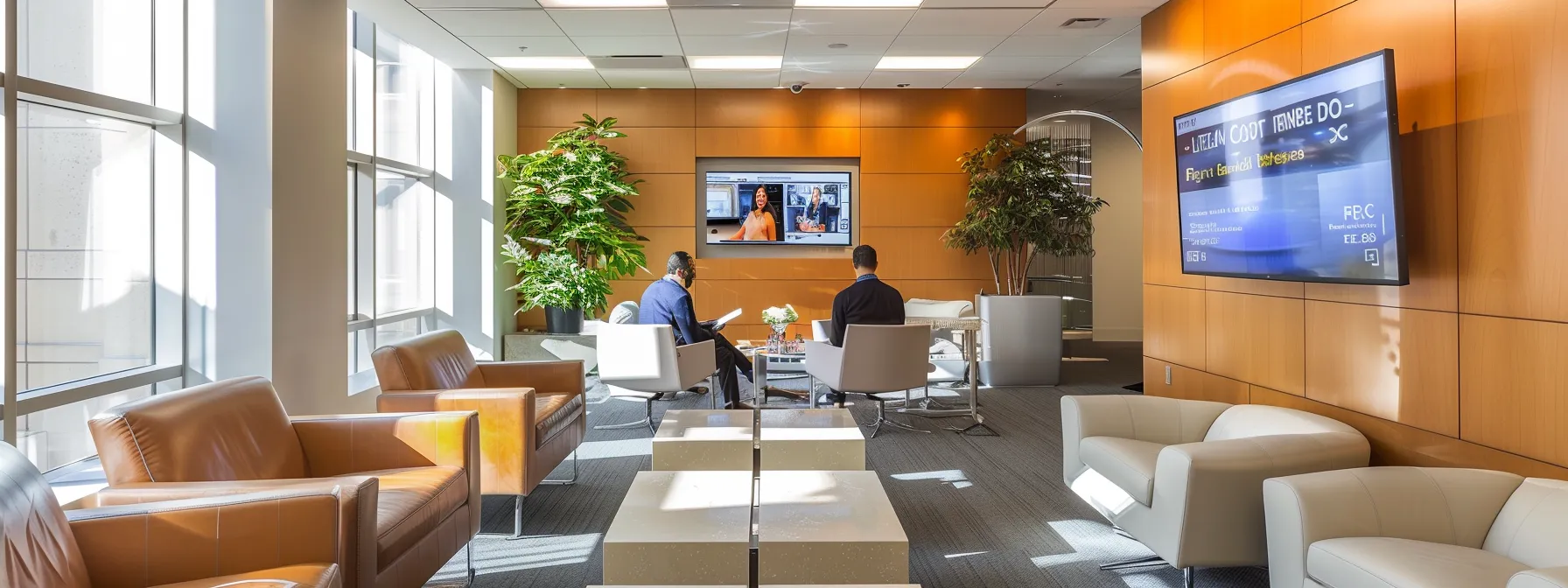 a sleek, modern office space showcases a large digital screen displaying vibrant client testimonials and review highlights, surrounded by engaged real estate professionals collaborating enthusiastically in a well-lit environment.