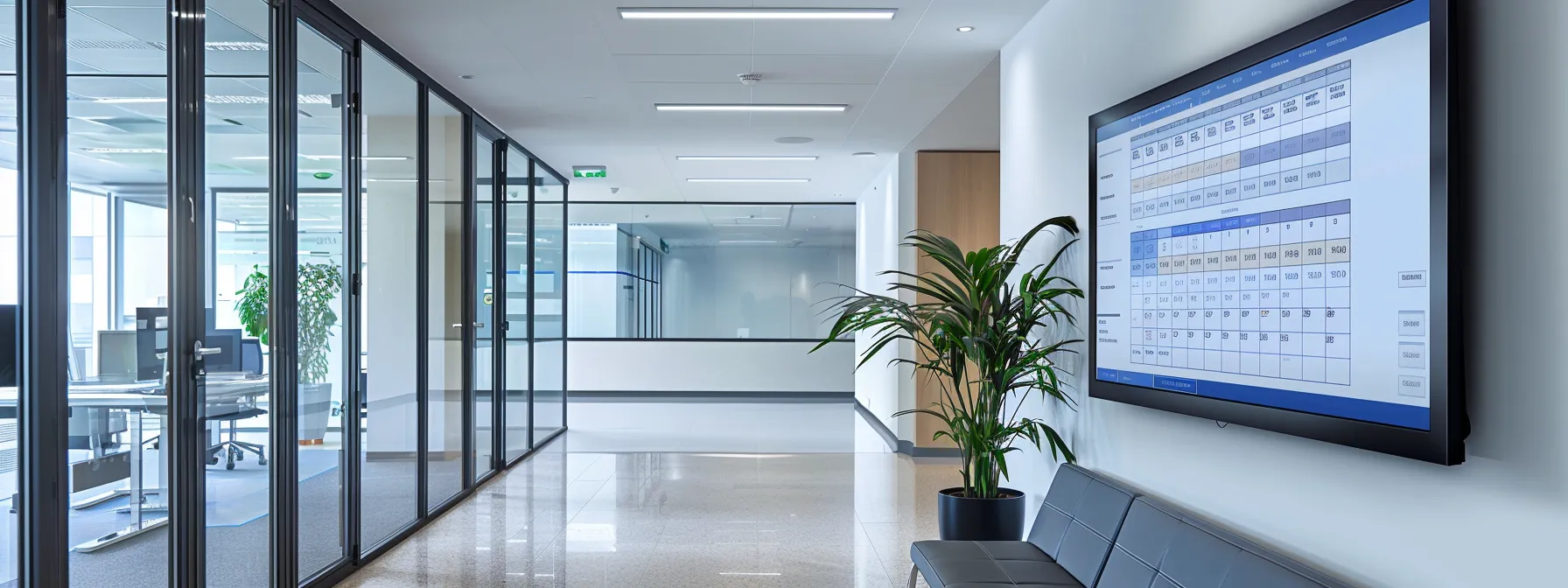 a sleek, modern office space features a digital calendar displayed prominently on a large screen, showcasing a well-organized schedule that seamlessly integrates client appointments, emphasizing efficiency and enhanced client engagement in real estate transactions.