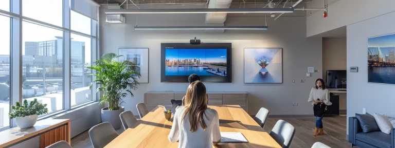 a sleek, modern office space features a confident realtor presenting a dynamic digital portfolio on a large screen, embodying a strong personal brand amidst stylish furnishings and strategic branding elements.