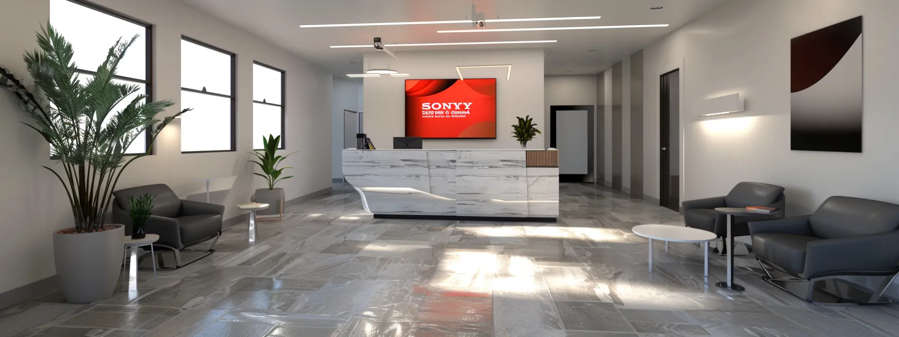 a sleek, modern office space showcases a vibrant workspace where a digital screen displays a cohesive branding presentation featuring a stylish logo, harmonious color palette, and elegant font choices, emphasizing the importance of visual identity in establishing real estate credibility.