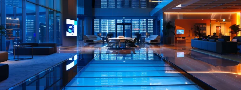 a sleek, modern office space with a polished glass conference table and digital screens showcasing top realtor site examples, illuminated by vibrant ambient lighting to emphasize a cutting-edge real estate atmosphere.