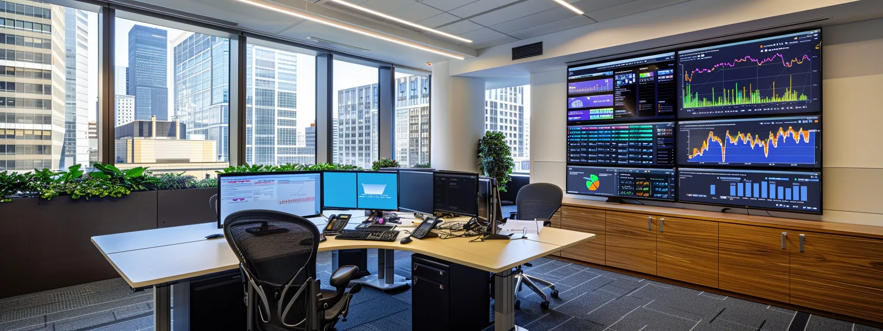 a sleek, modern office space displays a large digital screen showcasing vibrant, data-driven graphics illustrating current real estate market trends, accompanied by an elegantly designed desk with focused professional ambiance.