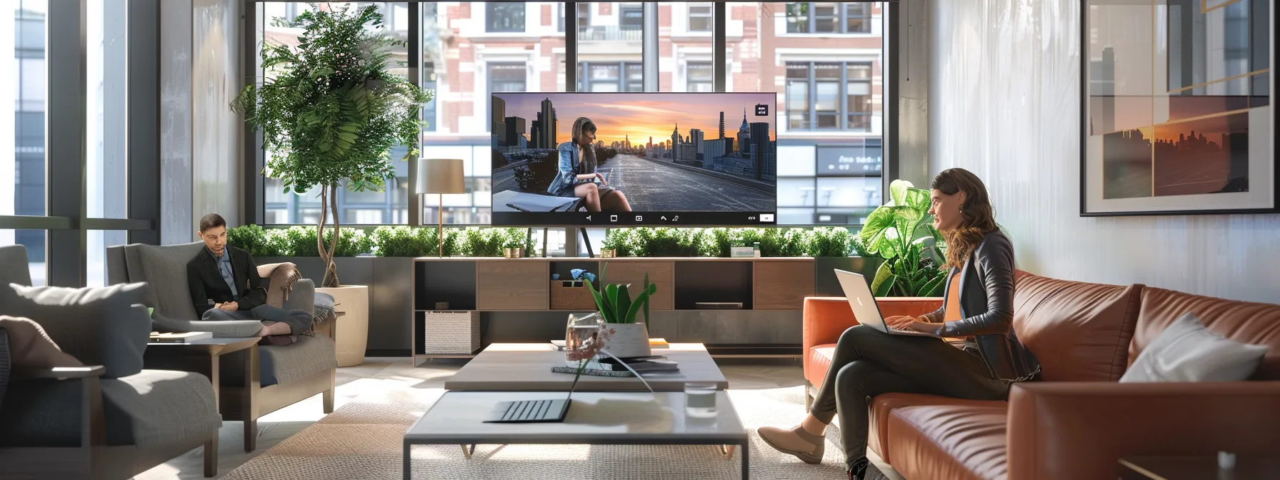 a sleek, modern office space features a realtor engaged in a vibrant, real-time chat on a laptop, surrounded by digital displays showcasing live chat integration tools and analytics that enhance client interactions.