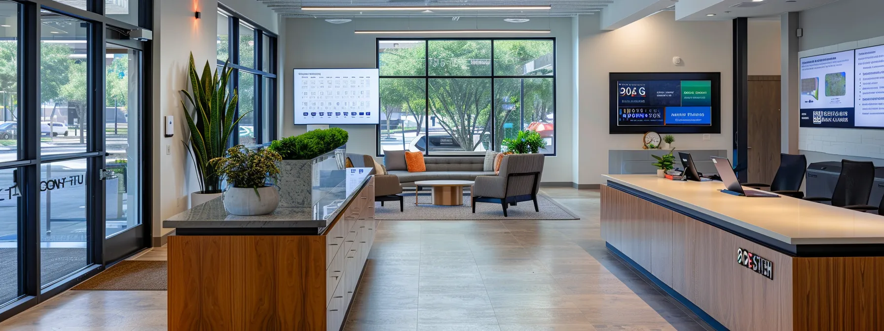 a sleek modern office space features a digital dashboard displaying real-time appointment scheduling metrics, with a laptop, a notepad, and a strategically placed smartphone, conveying the efficiency and professionalism of real estate client management.