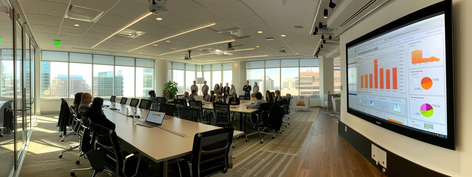 a sleek, modern office space showcases a digital marketing strategy session, with a large screen displaying vibrant analytics and graphs, while a diverse team collaborates around a high-tech conference table, embodying innovation in real estate lead generation.