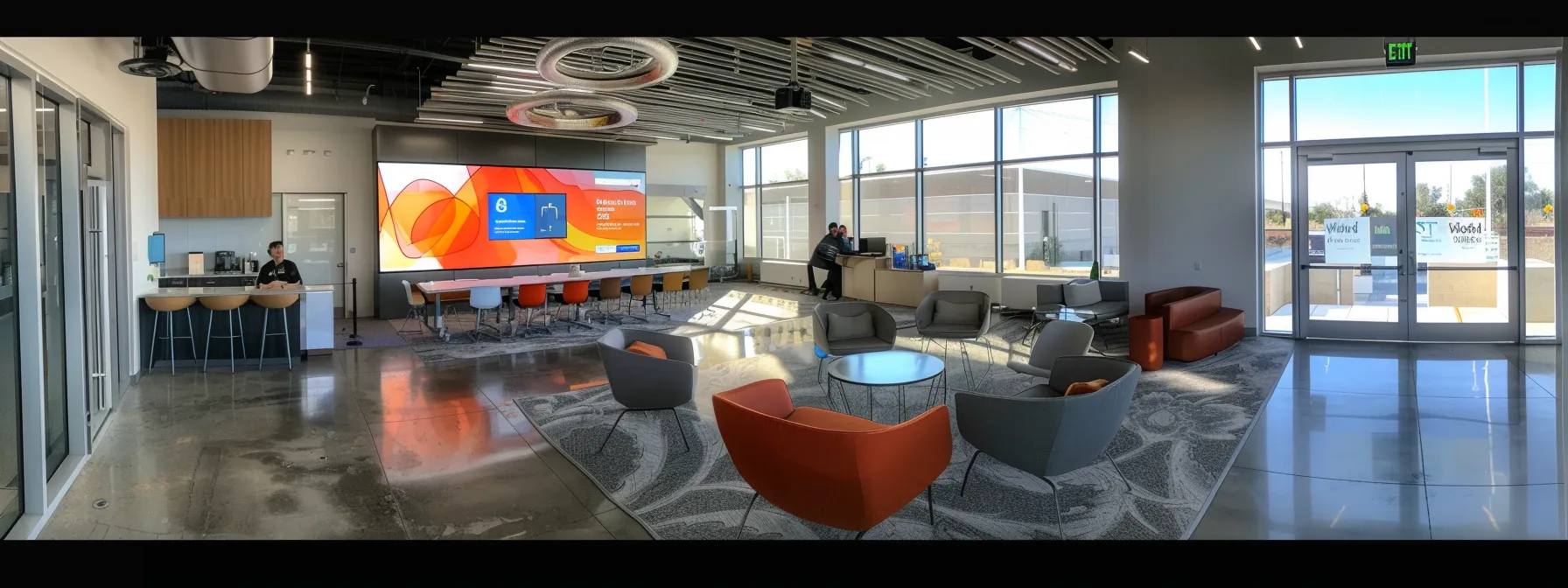 a sleek, modern office space showcases a vibrant digital marketing presentation on a large screen, highlighting innovative dynamic content tools for realtors, with tech-savvy professionals engaged in discussion.