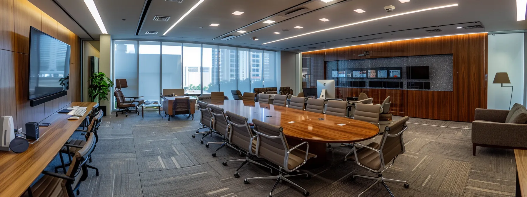 a sleek, modern office space showcases a diverse group of real estate investors engaging with dynamic digital dashboards on their laptops, highlighting robust crm analytics and seamless collaboration tools for efficient property management.