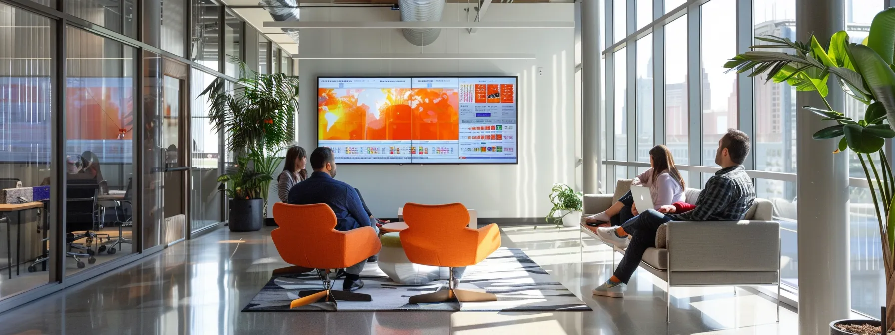 a sleek, modern office space showcases a digital dashboard with dynamic search filters on large screens, emphasizing user-centric property recommendations, while a group of engaged professionals discusses strategies to enhance customer experience and media engagement.