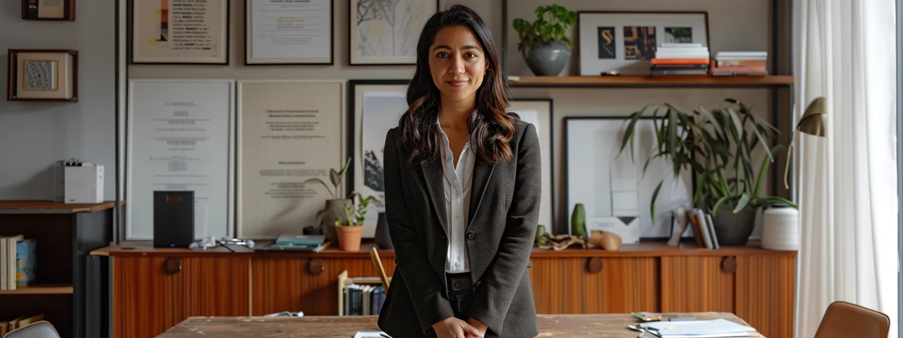 a sleek, modern office space showcases a confident realtor standing before a polished wooden desk, surrounded by framed testimonials and strategic marketing materials, reflecting their professional achievements and unique selling proposition.
