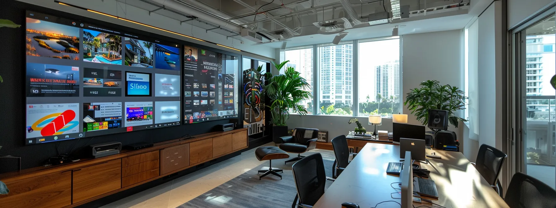 a sleek, modern office space features a large digital display showcasing cindy bond's visually striking user interface design for miami real estate, highlighting intuitive navigation and vibrant social proof elements that evoke professionalism and trust.