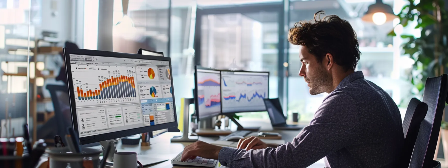 a sleek, modern office space showcases david adam kurz analyzing data-driven design elements on a high-resolution screen, highlighting a realtor website with clear structures and refined aesthetics that reflect san diego market trends.