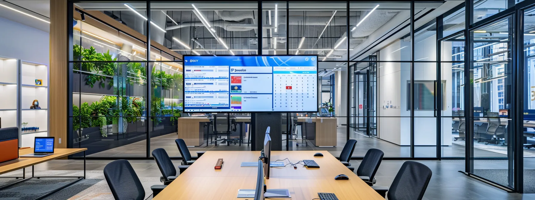 a sleek, modern office space showcases a large screen displaying a user-friendly calendar booking interface, surrounded by professional elements like a stylish desk and contemporary decor, emphasizing the seamless integration of technology in managing appointments.