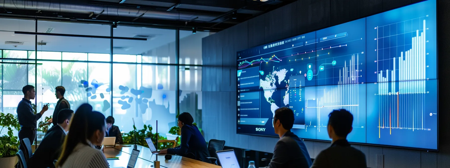 a sleek modern office space showcases a diverse group of professionals strategizing around a digital screen displaying analytics and online advertising metrics, illuminated by dynamic led lighting that emphasizes a tech-savvy atmosphere.