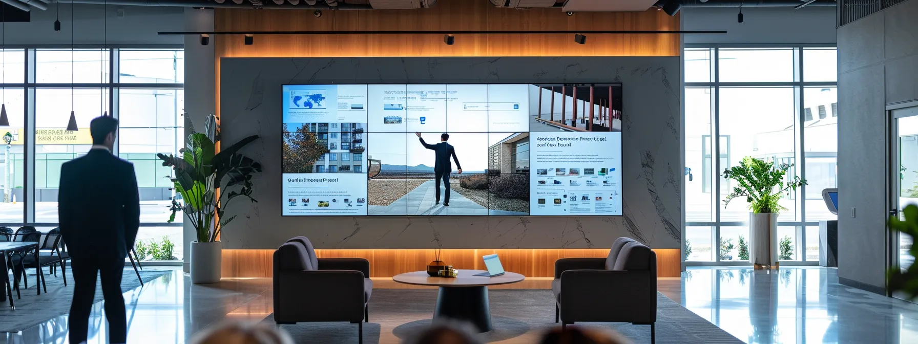 a sleek, modern office space showcases a large digital display featuring engaging examples of high-impact realtor bio pages, surrounded by attentive real estate professionals analyzing the strategies to enhance their online presence.