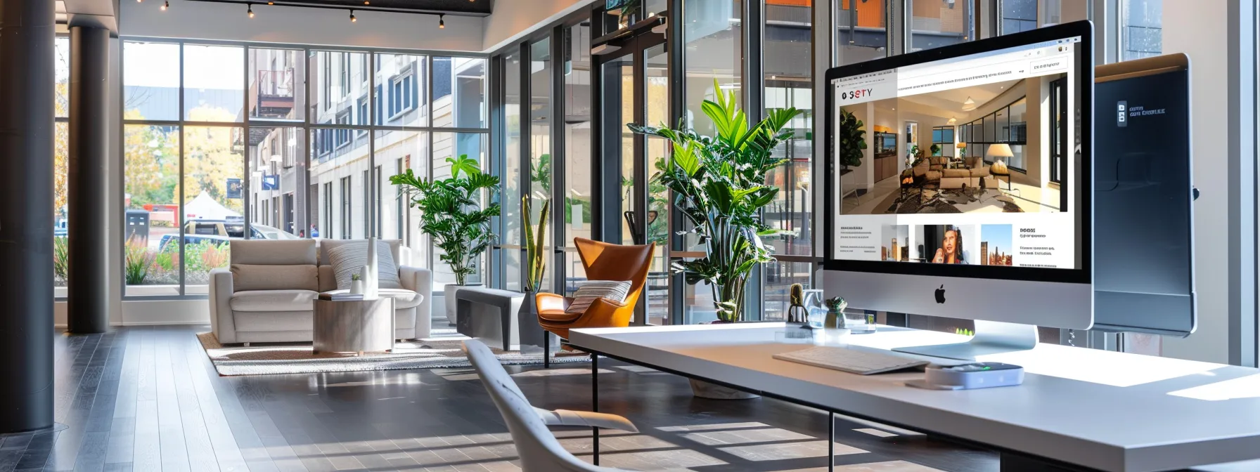 a sleek, modern office space showcases a large computer screen displaying an engaging realtor website, highlighted by professional high-quality images and client testimonials, encapsulating the essence of effective branding in real estate.