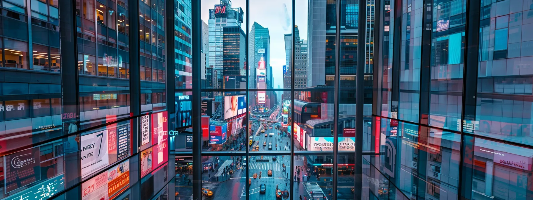 a sleek, modern office space in new york city features a large digital screen displaying vibrant client testimonials alongside stylish, organized fonts, reflecting a dynamic real estate environment aimed at enhancing online presence.