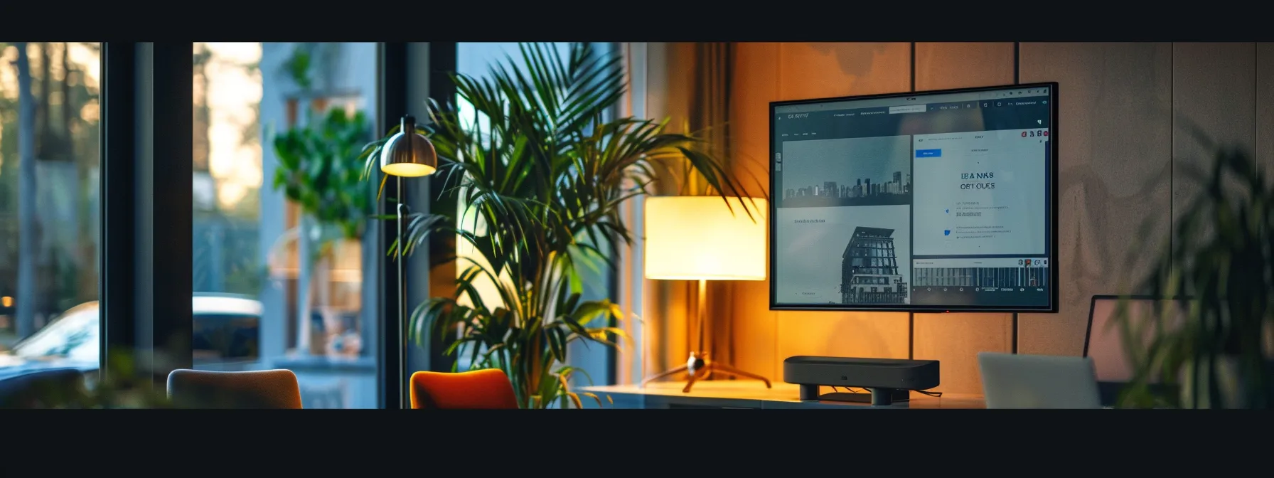 a sleek, modern office space displays a large screen showcasing an interactive property listing website, highlighting its innovative design and user-friendly features, with engaging visuals and clear calls to action prominently featured.
