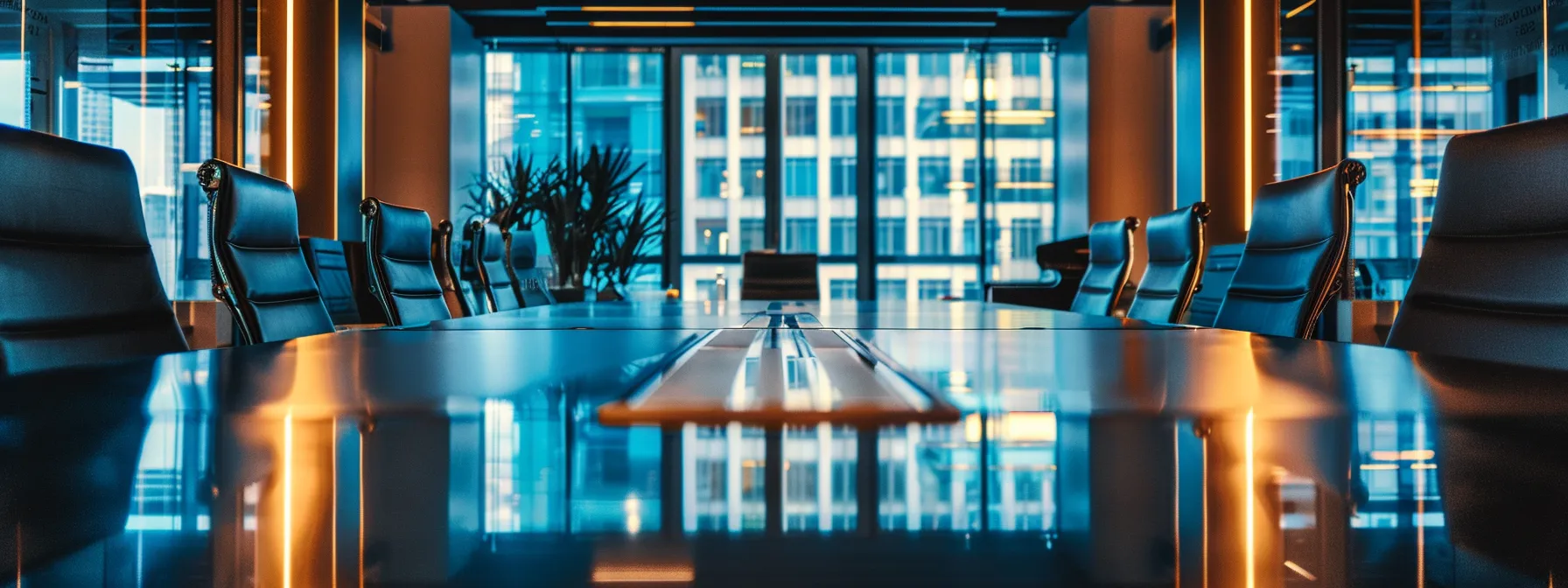 a sleek, modern office space features a polished conference table adorned with high-tech devices and digital displays showcasing a user-friendly online scheduling interface, highlighting the seamless interaction between technology and client satisfaction.