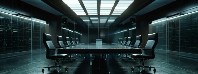 a sleek, modern office space is illuminated by bright overhead lights, showcasing a polished conference table surrounded by high-backed chairs, where a diverse group of professionals engages in a vibrant discussion.