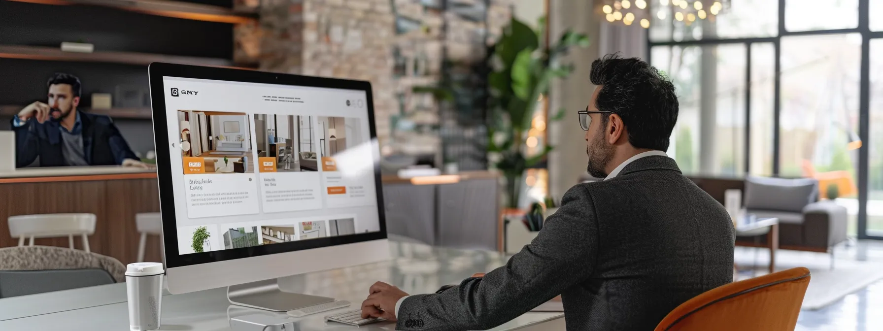 a sleek, modern office space showcases a realtor site on a large monitor, featuring vibrant real-time chat overlays and dynamic marketing automation graphics, symbolizing enhanced client engagement and streamlined communication in the real estate industry.